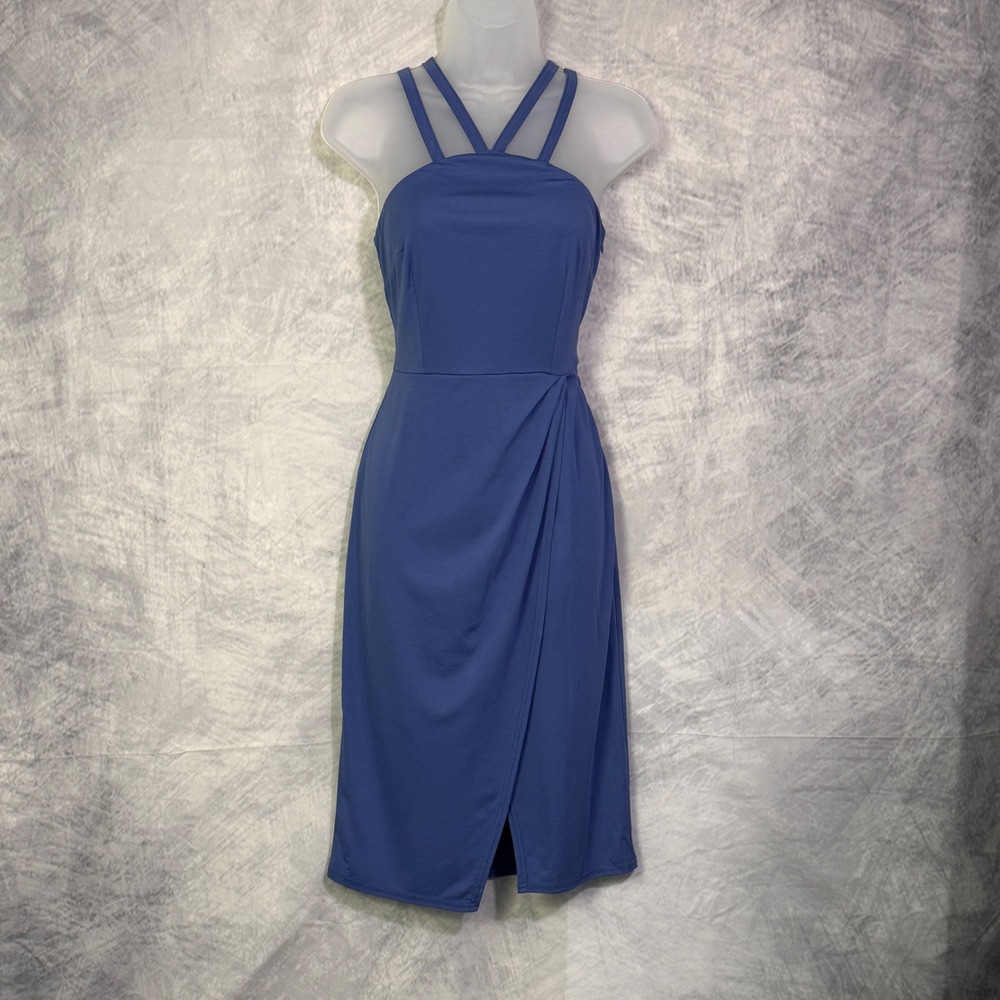 Belle‎ Poque Strappy Faux Wrap Sheath Dress Womens Sz S Blue Wedding Guest